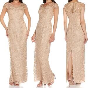 Adrianna Papell Gold Metallic Embroidery Maxi Gown 2 Mother Bride Formal Gala
